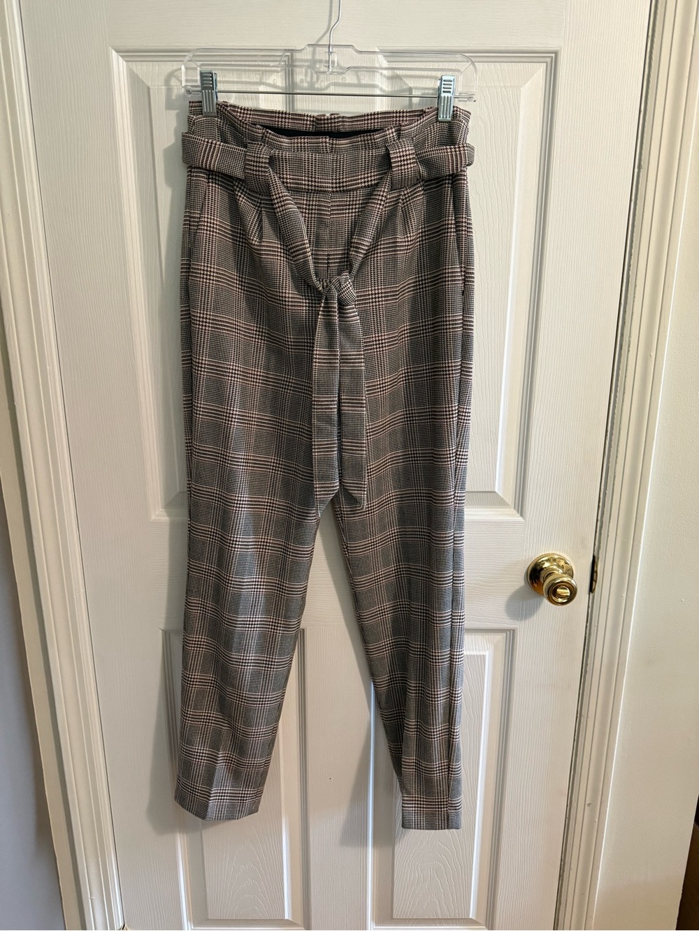 Express Plaid Paperbag Waist Tie Pants - Black Cream, Burgundy & Pink